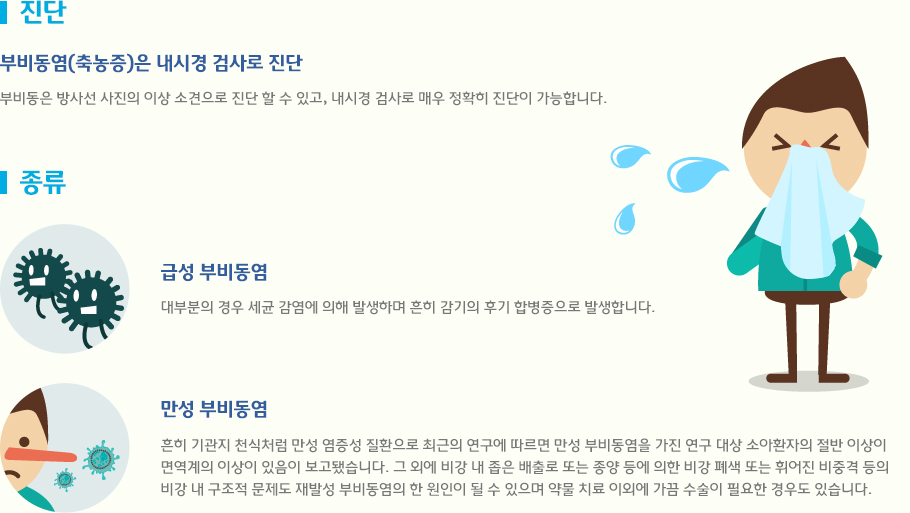 부비동은 방사선 사진의 이상 소견으로 진단 할 수 있고, 내시경 검사로 매우 정확히 진단이 가능합니다.