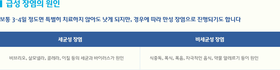 급성 장염의 원인 - 보통 3~4일 정도면 특별히 치료하지 않아도 낫게 되지만, 경우에 따라 만성 장염으로 진행되기도 합니다. 세균성 장염 : 비브리오, 살모넬라, 콜레라, 이질 등의 세균과 바이러스가 원인 / 비세균성 장염 : 식중독, 폭식, 폭음, 자극적인 음식, 약물 알레르기 등이 원인