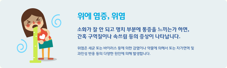 위에 염증, 위염 - 소화가 잘 안 되고 명치 부분에 통증을 느끼는가 하면, 간혹 구역질이나 속쓰림 등의 증상이 나타납니다. 위염은 세균 또는 바이러스 등에 의한 감염이나 약물에 의해서 또는 자가면역 및 과민성 반응 등의 다양한 원인에 의해 발생합니다.