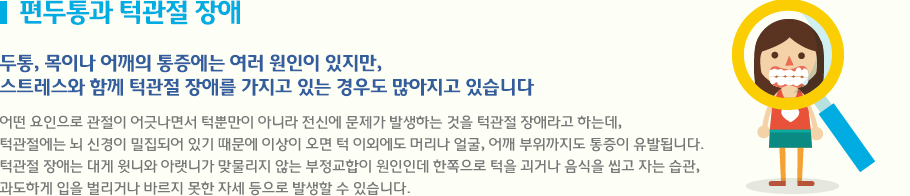 편두통과 턱관절 장애 두통, 목이나 어깨의 통증에는 여러 원인이 있지만, 
스트레스와 함께 턱관절 장애를 가지고 있는 경우도 많아지고 있습니다